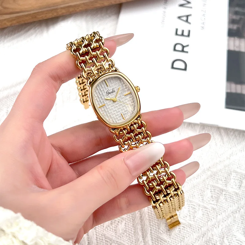 GEDI Women's Watch Oval Dial Vintage Gold Bracelet Light Luxury High-end Ladies' Wristwatch Gift