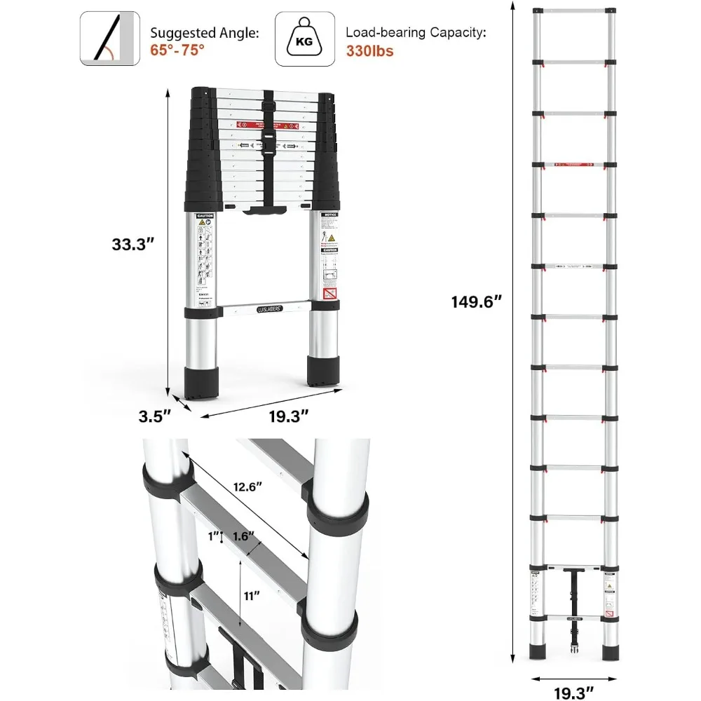 سلم تصغير من الألومنيوم بطول 12.5 قدم، امتداد خفيف الوزن، تراجع الأزرار، آلية تبطئة، سلم متعدد الأغراض للمنزل #6