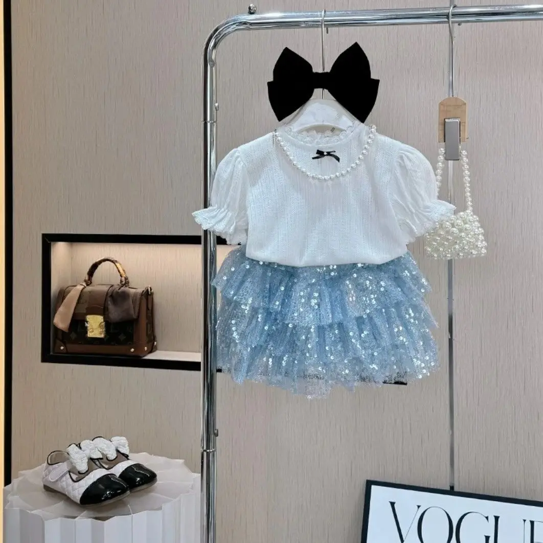 

Childrens Sets Girl Summer New Baby Short Skirt Fashionable Short Sleeve Children Two Pieces 2024 Puff Sleeve Sweet Bows