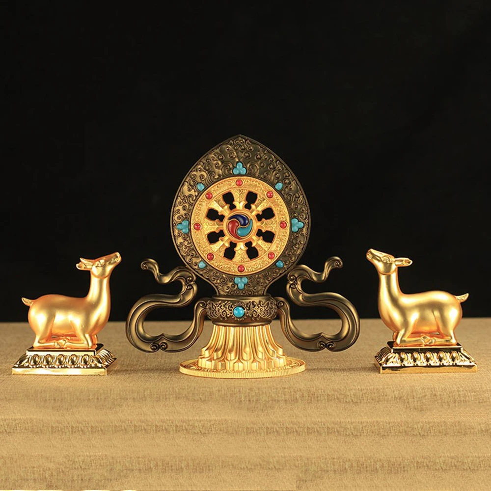 Small gilded double deer dharma wheel treasure, Jokhang Temple Sanskrit Dharmachakra Buddhist ornaments, home decorations crafts