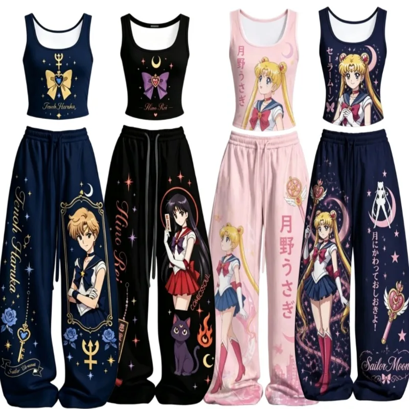 Men/Women Sailor Moon 2 Piece Outfits Tank Top Wide Leg Pants Sets Anime Print Vest Trousers Y2K Streetwear Matching Tracksuit view 2
