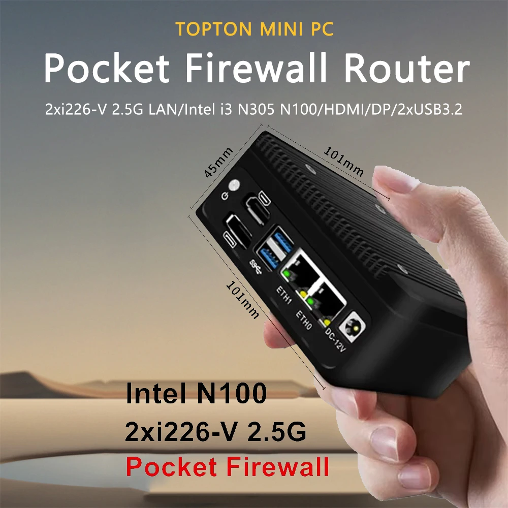 Topton Pocket Firewall Router 12th Gen Alder Lake Intel N100 DDR5 Fanless Mini PC 2xi226-V 2.5G LAN pfSense Proxmox ESXi Server