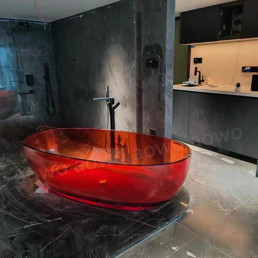 Red Japanese Resin Standing Bathtub Transparent Clear Artificial Stone Various Color Soaking Bathroom Shower Modern Hotel