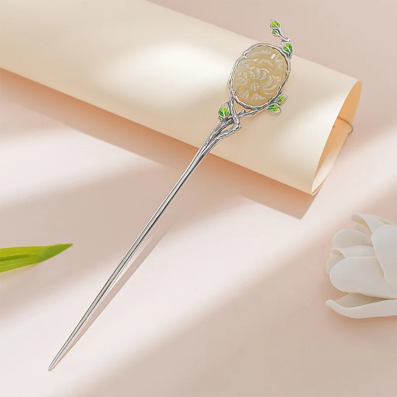 

S925 Sterling Silver Natural Hetian Jade Cloisonné Leaf Hairpin - Chinese Style Hair Stick