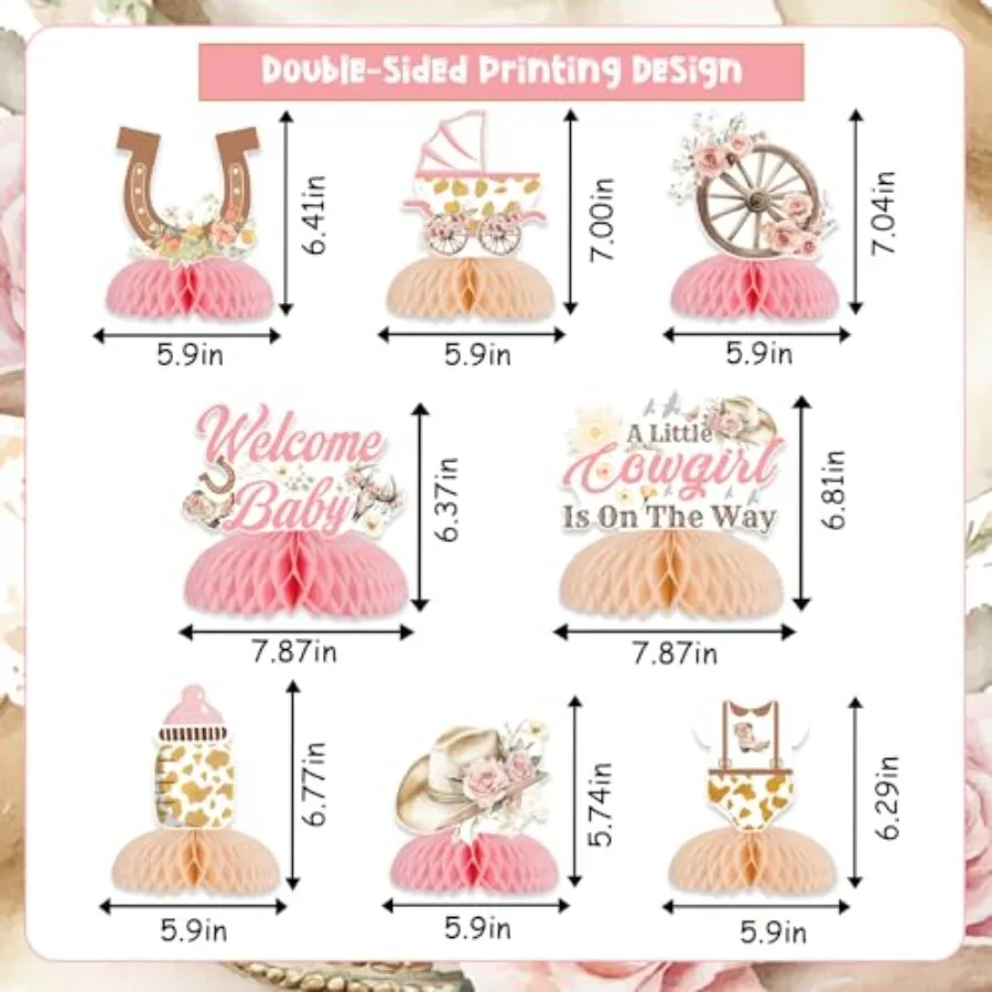 카우걸 베이비 샤워 장식 8개 세트 서부풍 '작은 카우걸이 온 길다' 허니콤 센터피스 핑크 플로럴 테이블 토퍼