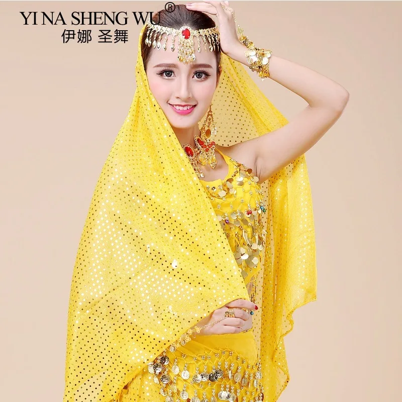 Lenço de dança do ventre feminino, moedas de ouro, véu de ponto brilhante, lenço de cabeça para dança do ventre, acessórios de dança, trajes indianos, 6 cores