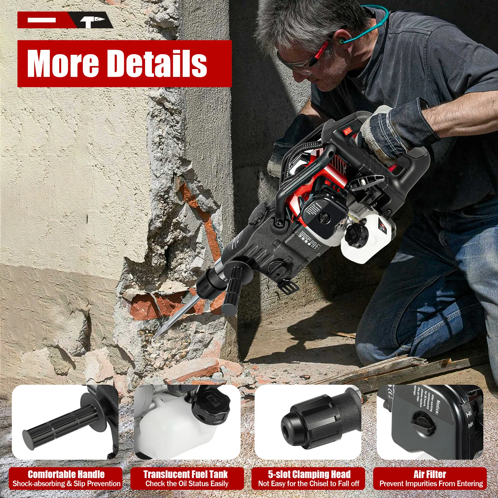 

Отбойный молоток 33CC 1000W, 2300~4000 ударов в минуту, ручной запуск, четыре функции: ударное воздействие, нарезка пазов, сверление и измельчение