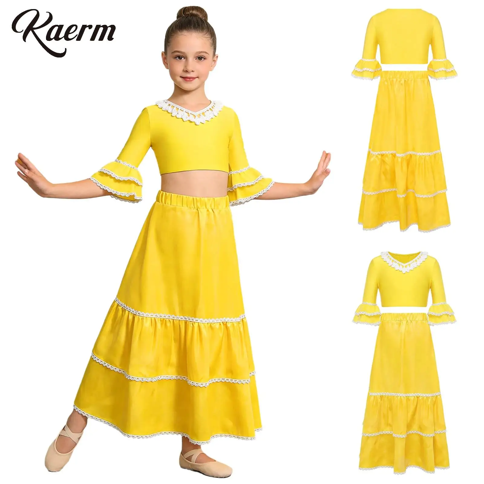 

Girls Spanish Flamenco Dance Outfit Ruffle Half Sleeves Crop Top with Satin Tiered Skirt Ballroom Lyrical Performance Costume