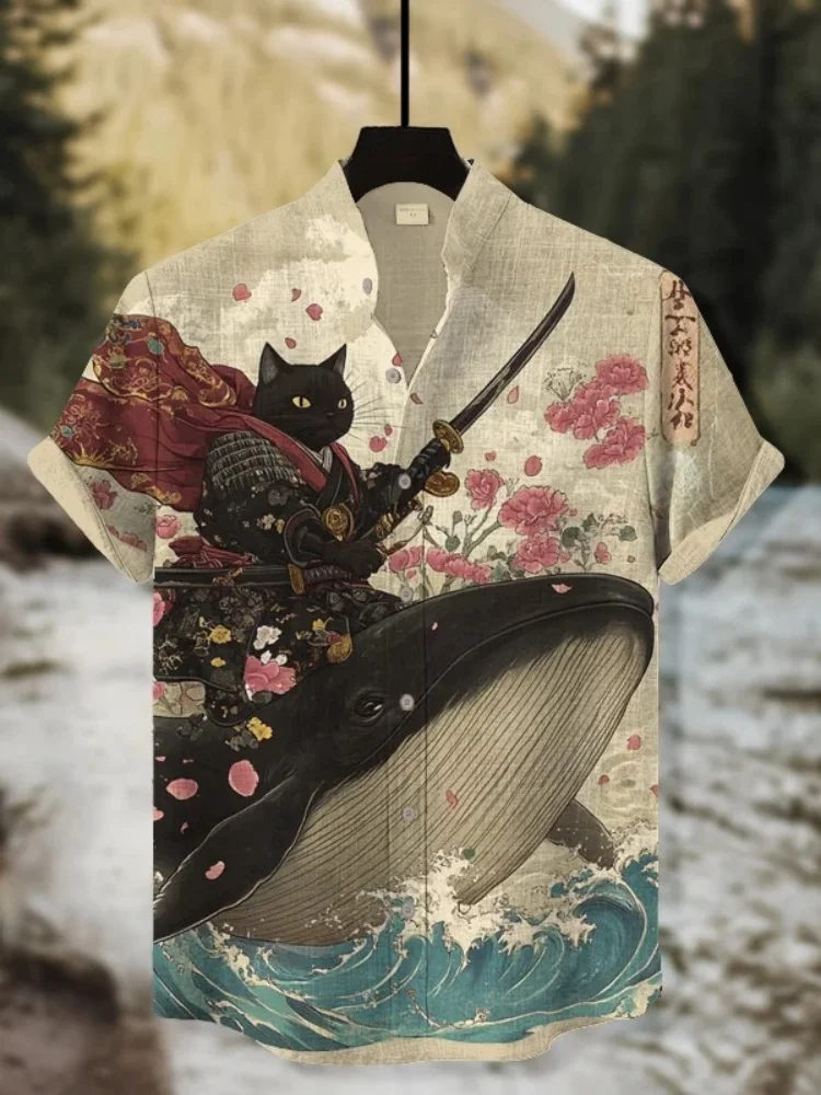 

Men's Single Breast Blouse Vintage Retro Falls Black Cat Warrior Riding Killer Whale Flowers Japanese Art Print Casual Shirt