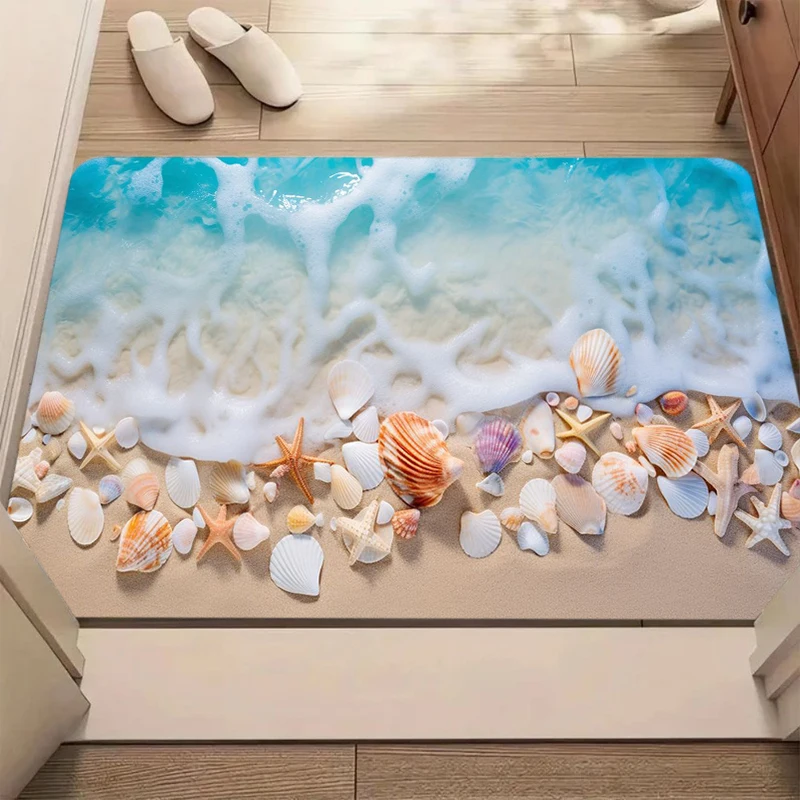 Blue Ocean Wave Foam Beach Sand Seashell Starfish Summer Entrance Mat Non-Slip Doormat for Front Door Porch Breeze