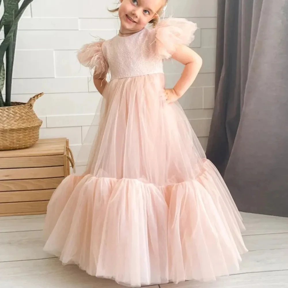 Vestidos florais com pluma de renda infantil, vestidos elegantes para crianças, vestido de festa de aniversário da primeira comunhão, rosa blush