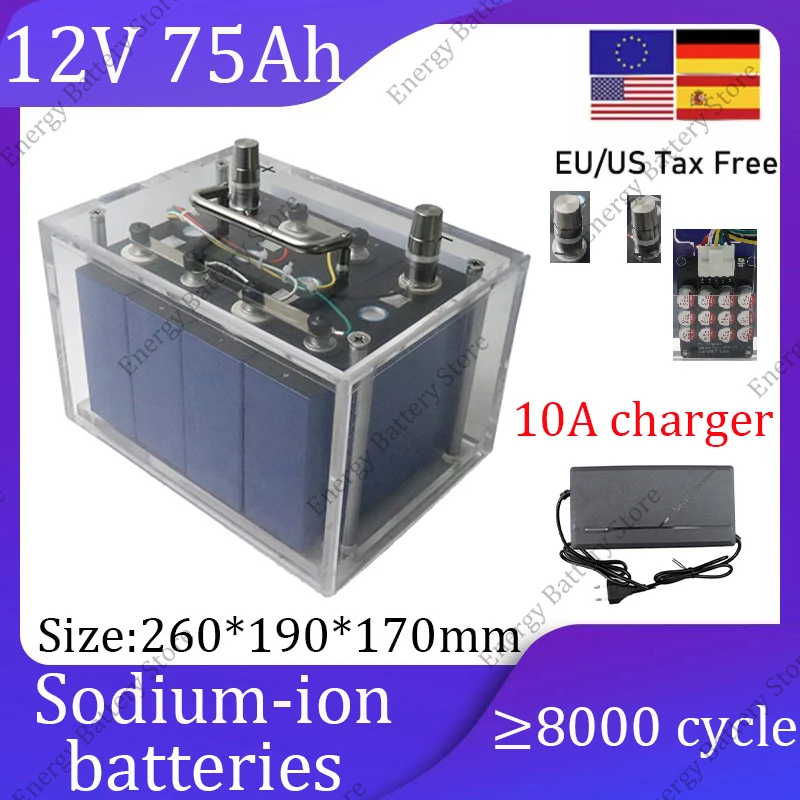 

12V 75Ah sodium ion battery resistant to high and low temperatures, high-power discharge DIY car starter solar inverter+charger