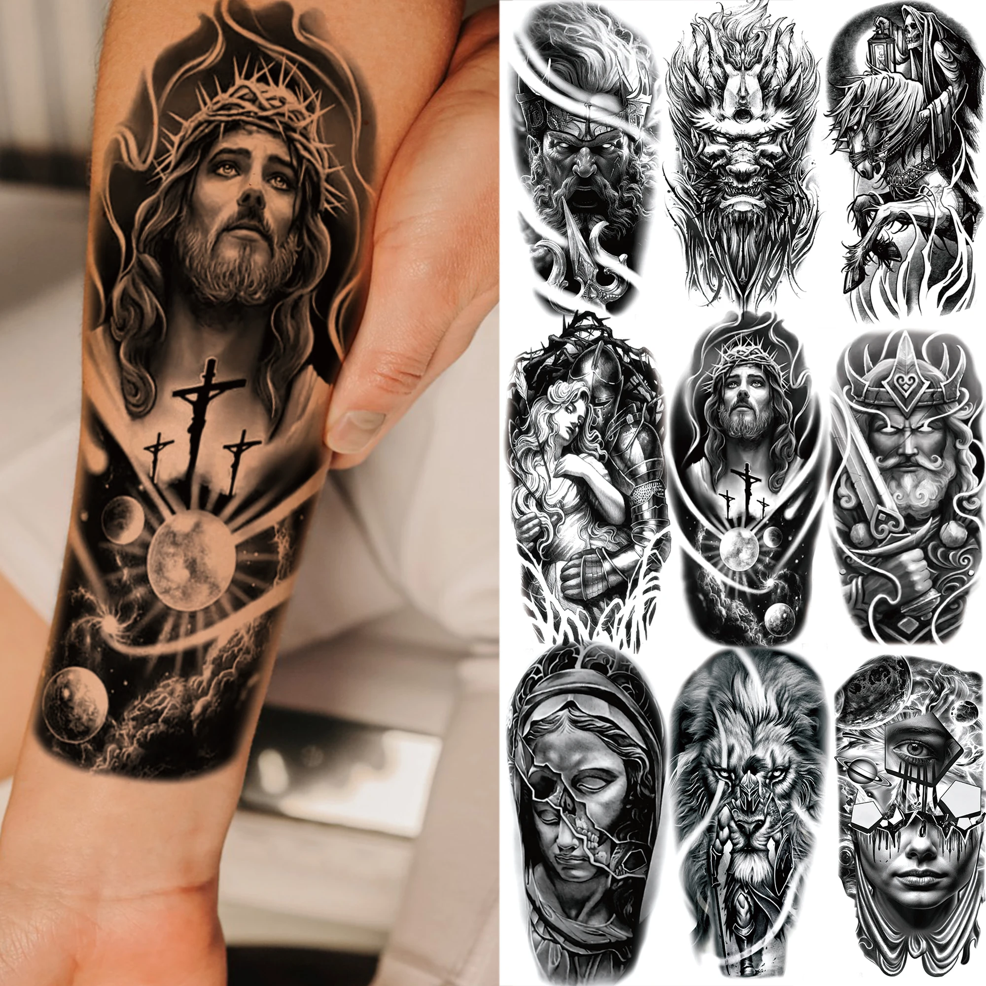 

1 Sheet Poseidon God Zeus Fake Temporary Tattoos For Men Adults Women Black Lion Tattoo Sleeve Water Transfer Tatoo Arm