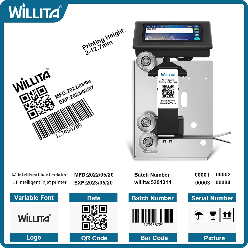 Imagem -02 - Máquina de Codificação Inteligente Willita 127 mm para Selador Data de Validade Etiqueta Código de Barras Impressoras Jato de Tinta Cabeça de Impressão para Máquina de Selagem