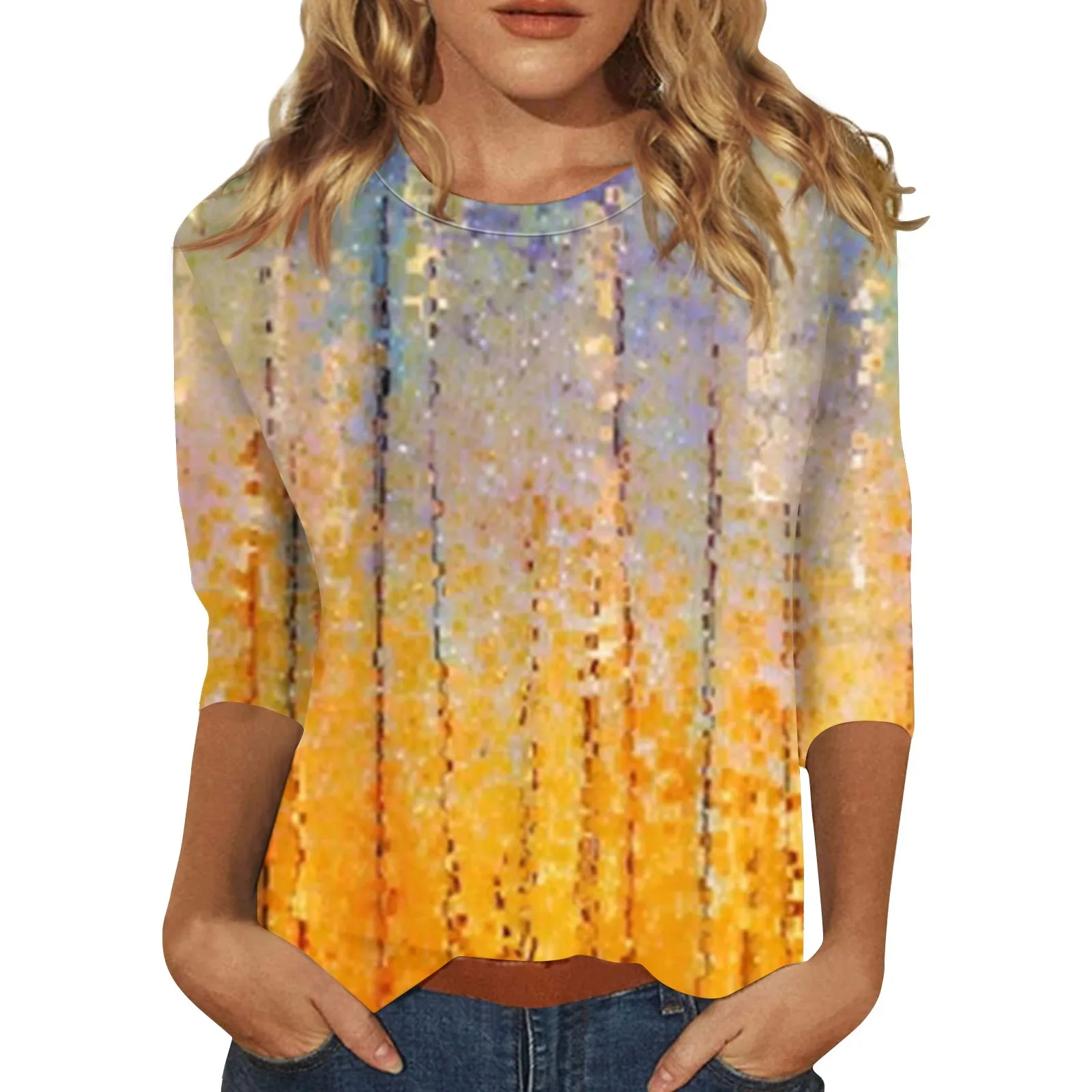 تي شيرت نسائي كاجوال برقبة مستديرة ، كم ، توب مطبوع فضفاض ، أزياء السيدات