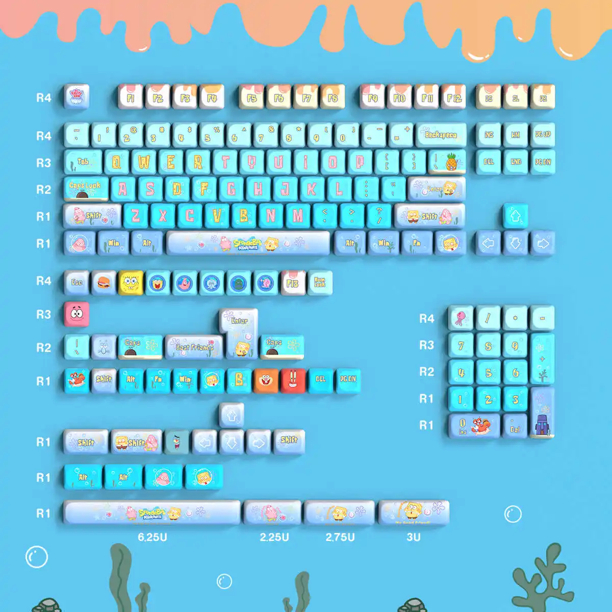 Kawaii bonito tema bob esponja keycaps 148 teclas conjunto completo dos desenhos animados mx switch pbt moa perfil menina teclado mecânico keycaps