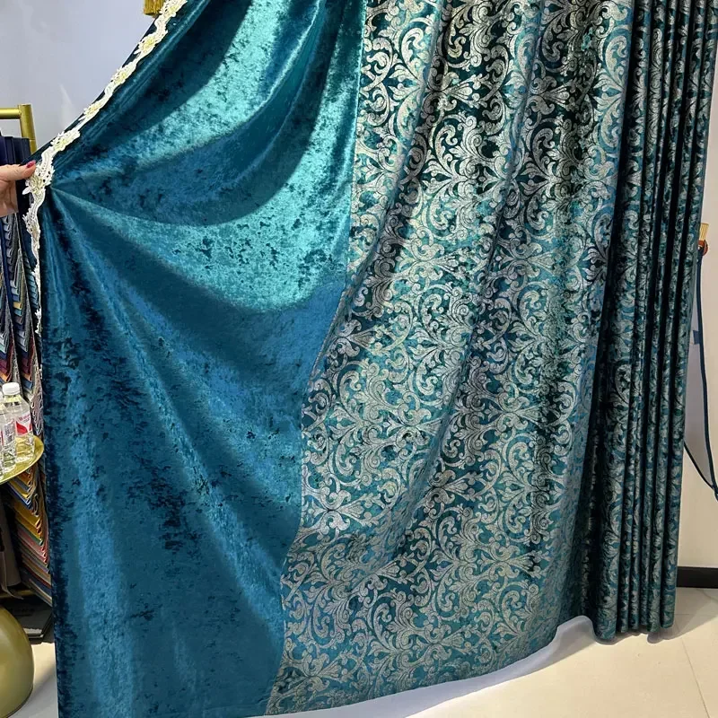 

High-end Dark Green Velvet Bronzing Jacquard Curtains for Living Room Bedroom Balcony Villa Home Decoration Customized Valanace
