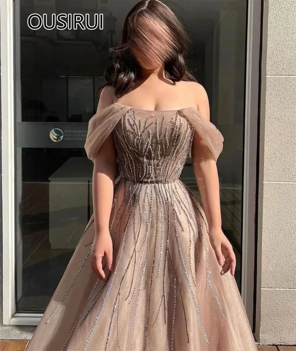 Customized Charming Off-Shoulder Tulle Prom Club Dress Backless Lace up A-line Prom Cocktail Dress with Beaded Sequins Lace