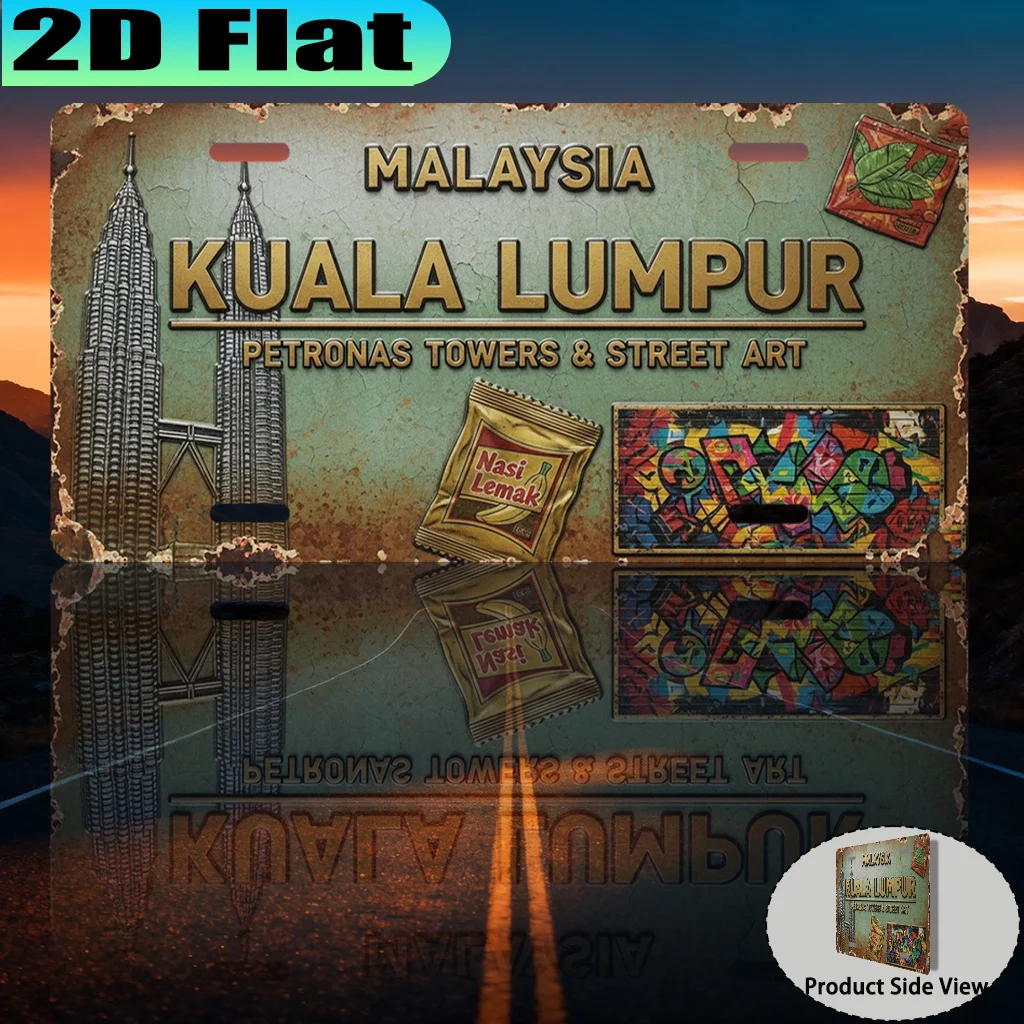 2D Flat - 【2D Flat】 2D Flat - [2D Flat] A Vintage Aluminum Sign of The Petronas Towers in Kuala Lumpur (30.48X15.24 cm), for Dec