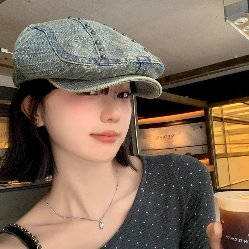 

Vintage Personalized Rivet Design Washed Denim Berets for Women Spring and Autumn Street Niche Trend Retro Literary Men's Hats