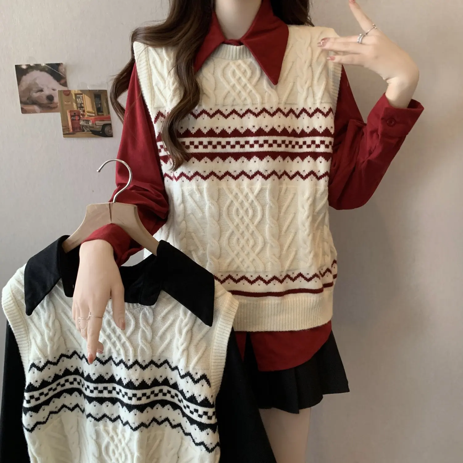 

Jacquard Striped Knitted Vest Solid Color Long Sleeved Shirt Fashion Versatile Casual Two-piece Set Autumn New Women's Top
