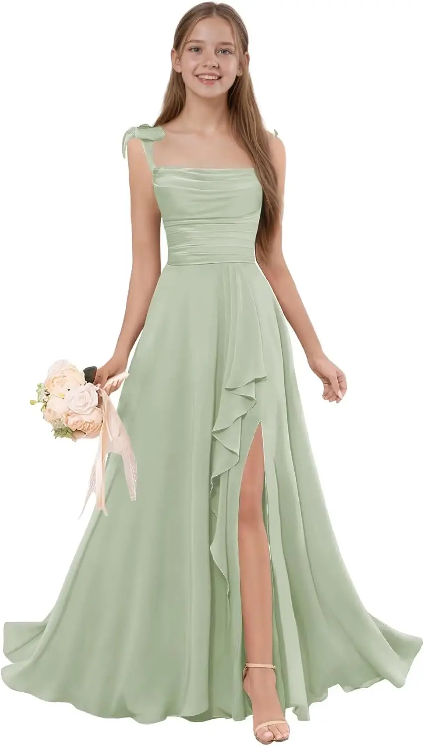 Robe de demoiselle d'honneur trapèze pour filles, bretelles Spaghetti, en mousseline de soie, à volants, robe formelle à fleurs pour mariage