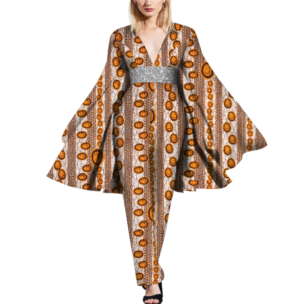 BintaRealWax African Cape Sleeve Romper Bazin Riche Sexy DeepV-Neck WomenJumpsuit Dashiki Elegant Jumpsuit WY5597