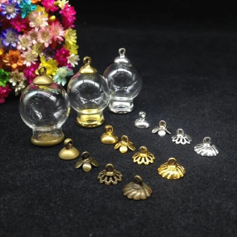 300sets/lot 20*12mm clear mix color classic tray 8mm cap finding set glass globe bubble bottle glass vial pendant glass cover