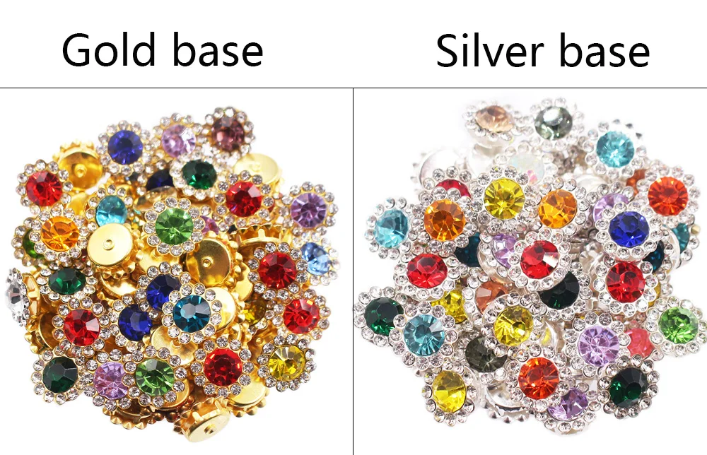 50 Stück 8–14 mm Silber- und Goldkrallen-Sonnenblumen-Strasssteine zum Aufnähen, flache Rückseite, Kristalle, Glasperlen, Nähen von Strasssteinen, Kunsthandwerk – Detail 3