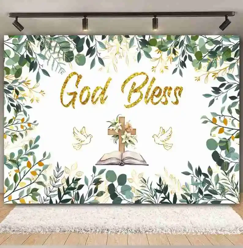 First Holy Communion Backdrop Thanks Pastor God Bless Green Leaf Cross Boy Girl Baby Baptism Party Decor Photography Background