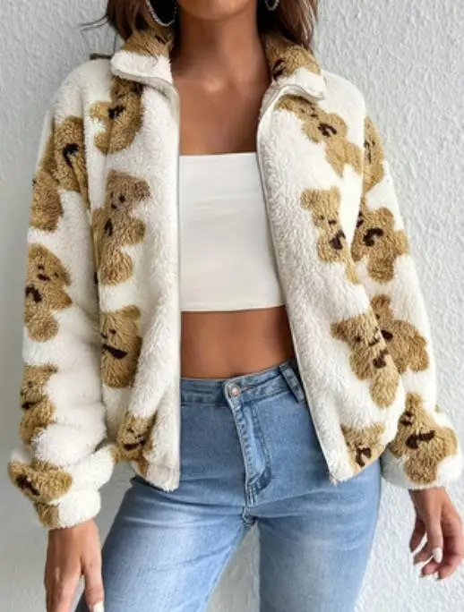 

Little Bear Printed Plush Warm 2025 Autumn/Winter New Women's Fashion Casual Trendy Loose Warm Jacket