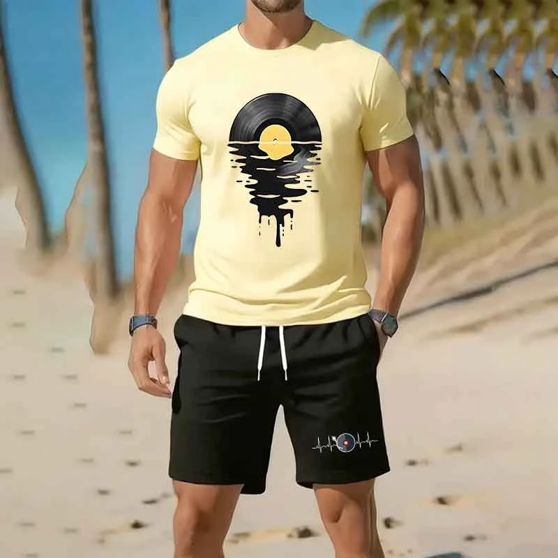 

Men's summer breathable sportswear round neck short sleeved five quarter shorts lightweight and comfortable sports style set