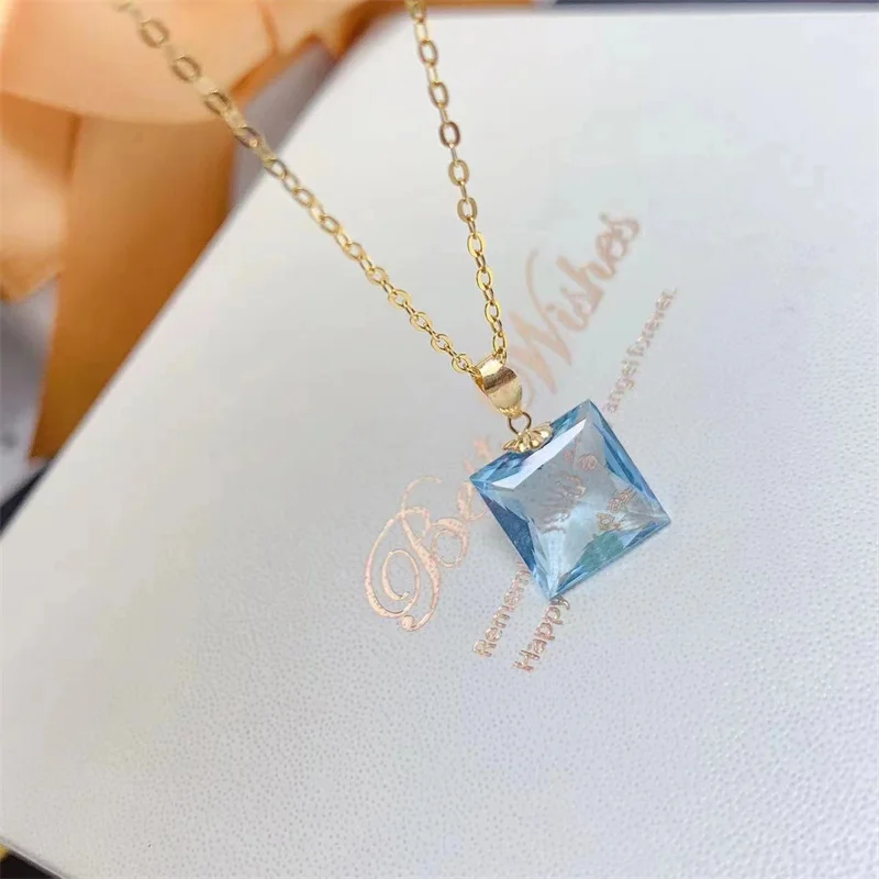 

925 Sterling Silver Princess Cut Natural Blue Topaz Pendant Necklace for Women with Certificate