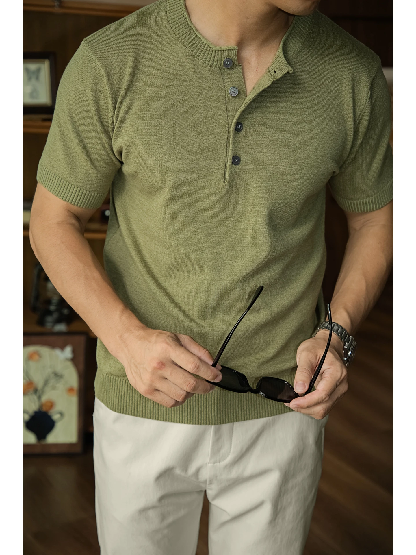 

Retro American Workwear Knitted High Twist Floral Yarn Mixed ort Sve Henry irt Casual Commute Men's Cotton Polyester B...