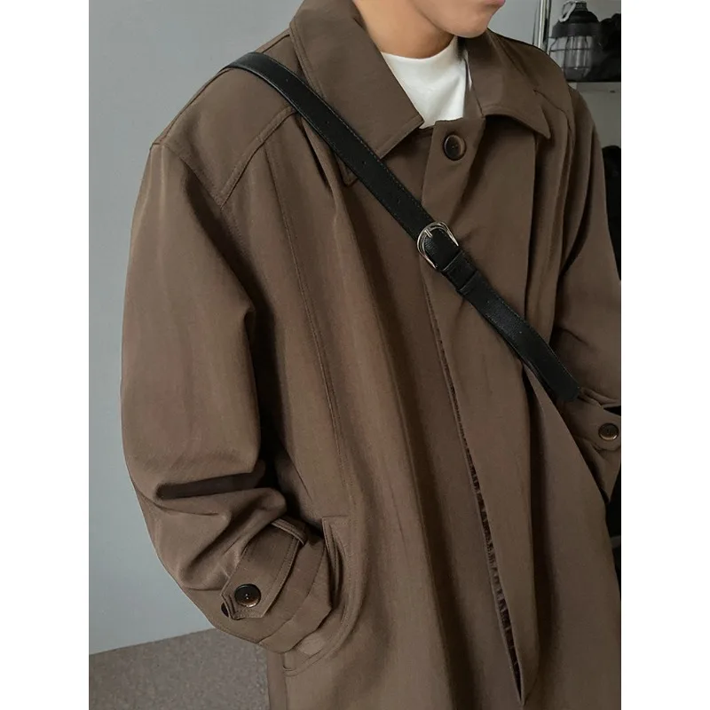Men's Single-Breasted Trench Coat – Korean Style Mid-Length Overcoat with Notched Lapel, Slim Fit Autumn/Winter Outerwear