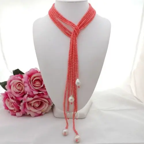 

Hand knotted natural 3strands 137cm white Keshi freshwater pearl 4mm pink coral necklace