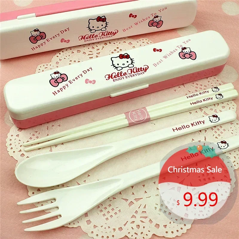 

Sanrio Peripheral Cartoon Anime Hello Kitty Kawaii Children's Tableware Metal Spoon Fork Chopsticks Set Portable Tableware Gift