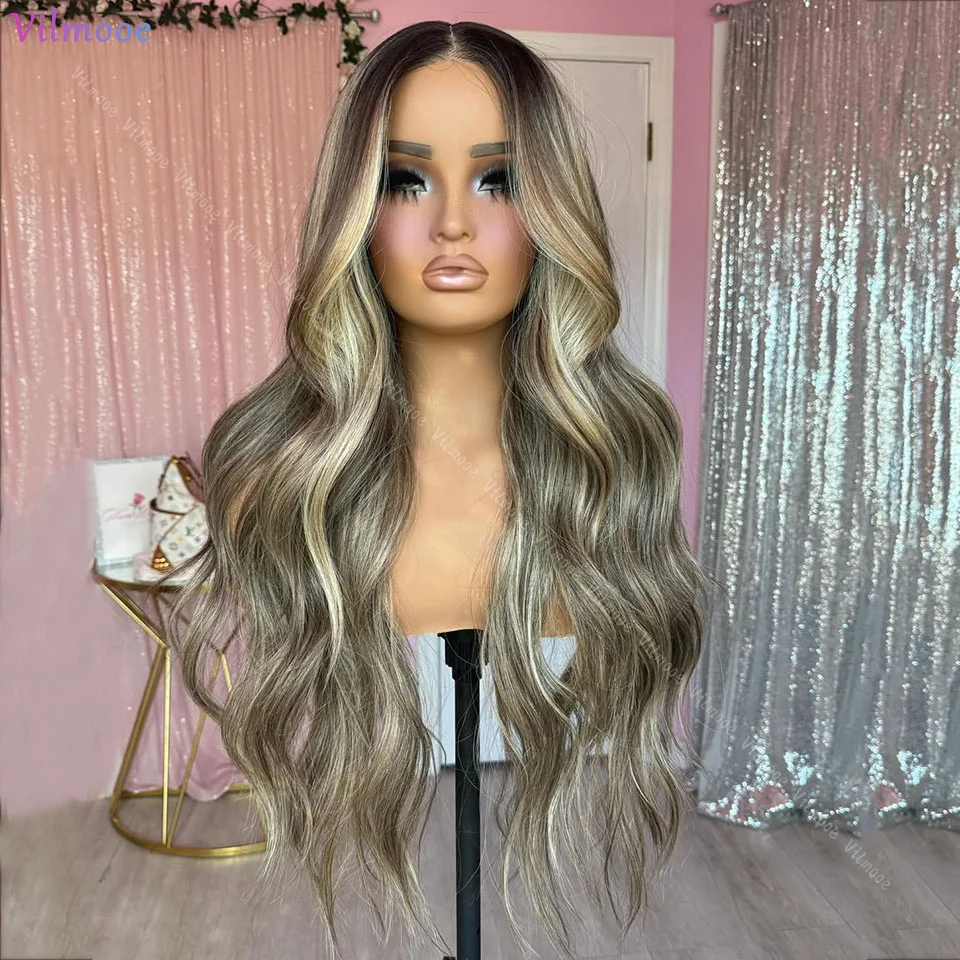 Hoogtepunt Bruin Blond Body Wave 13x4 Zijden Top Menselijk Haar Pruiken met Baby Haar Pre Geplukt 5x5 Nep Hoofdhuid Sluiting Menselijk Haar Pruik