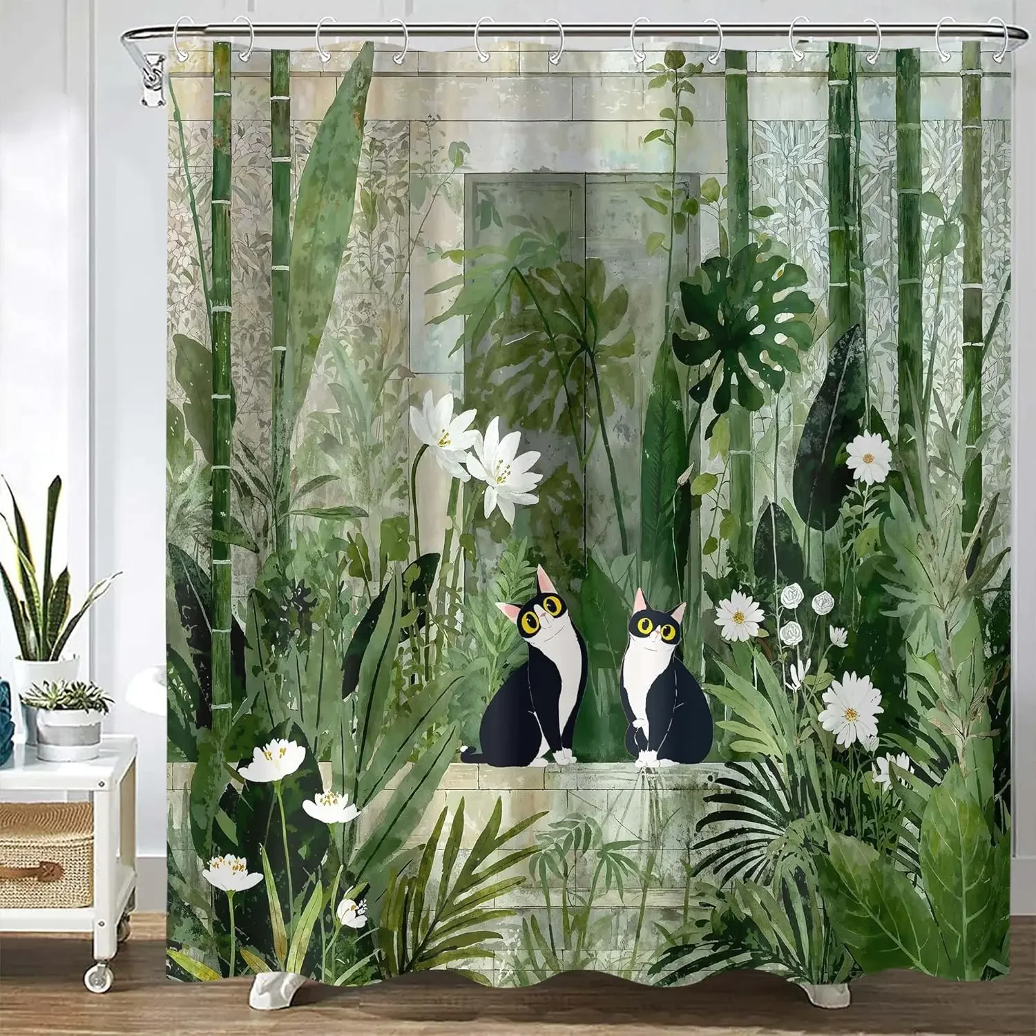 Funny Cat Shower Curtain Plant Leaves Animal Shower Curtains for Bathroom Classy Shower Curtain Set with 12 Hooks 72×72 Inches.