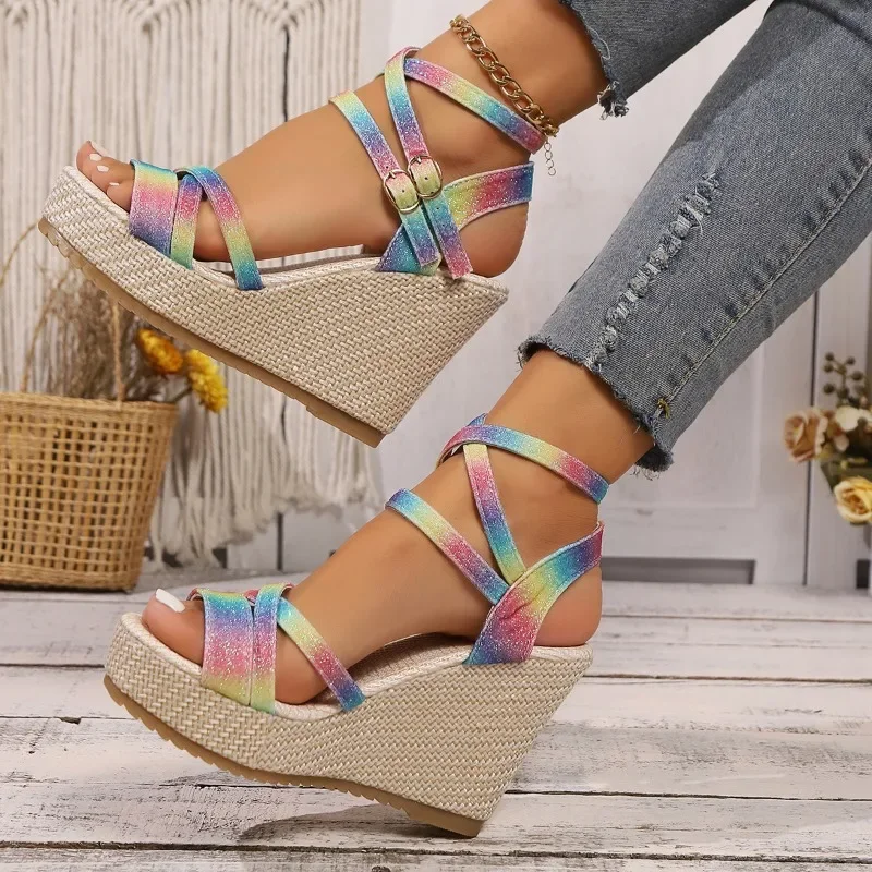 Summer Hot Selling Women's Shoes Fashion Color Matching Open Toe Wedge Heel Fabric One-line Buckle Women's High Heel Sandals