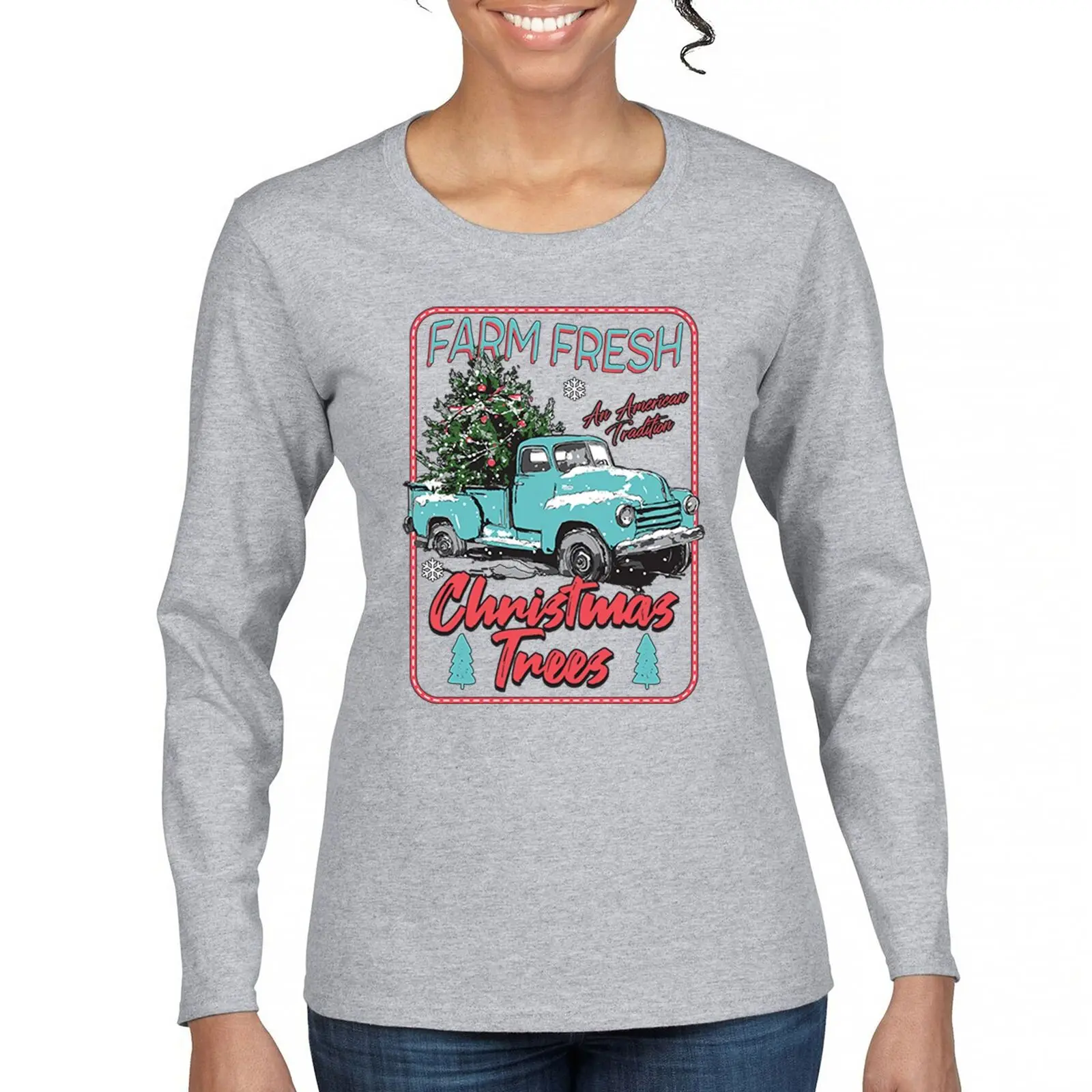 Farm Fresh Christmas Trees Women's Long Sleeve T-shirt American Tradition Xmas