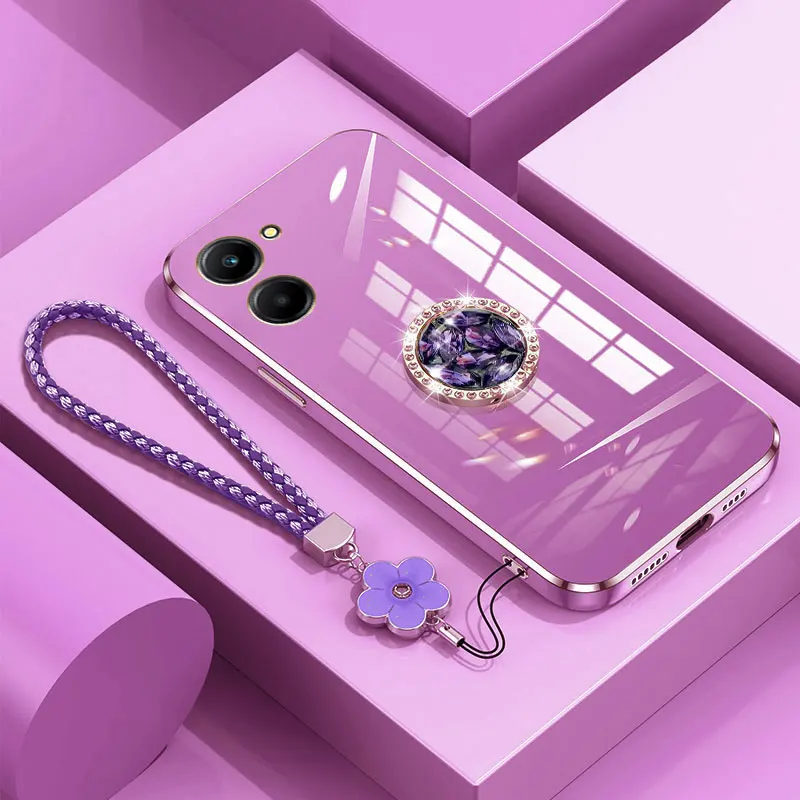 Realme 10 4G Case with Lanyard,Luxury Diamond Holder Case For OPPO Realme 10 pro Plus Reno10 5G Cover Cases Realme10 Stand Ring