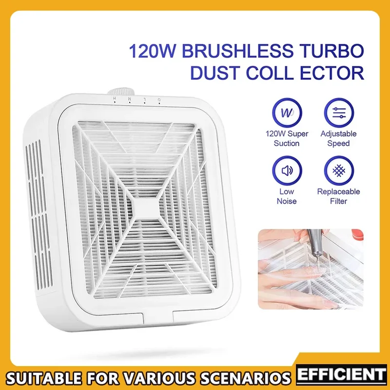 

Бесщеточный пылесборник для ногтей мощностью 120 Вт с супервсасыванием для маникюрного вентилятора, пылесоса, 2 фильтра в комплекте для использования в салоне