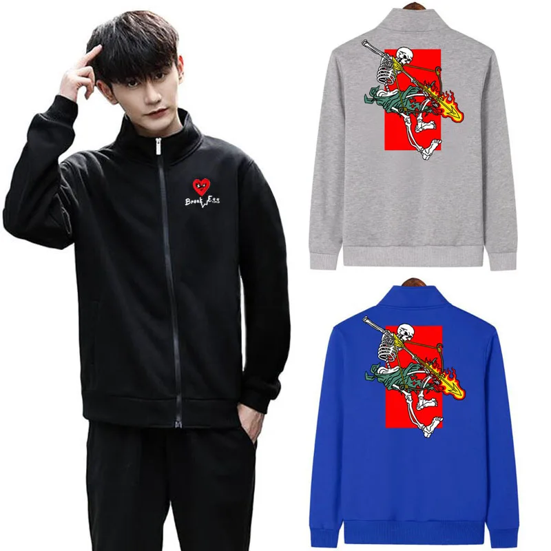 

Break Egg Men Women Jacket Cotton Heart Glasses Embroidery Back Skull Warrior Printing Lapel Zipper Pocket Fleece Fit Hoodie