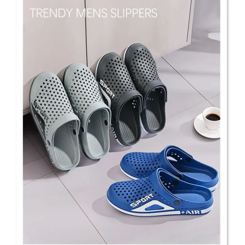 2024 Summer Men Anti-slip Beach Slippers Breathable Fashion Outdoor Sandals Hollow Flats Holes Garden Beach Shoes A0043