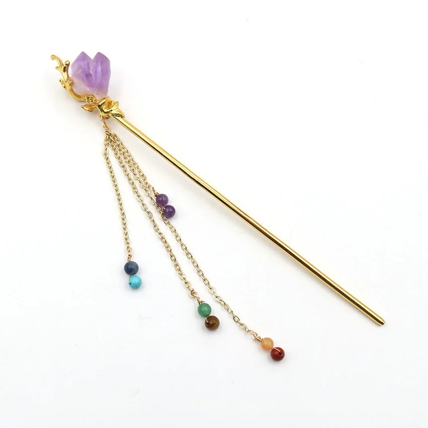 XSM Crystal Hairpin stile cinese Color oro Hair Stick per le donne Hanfu ametista naturale acquamarina 7 chakra nappa Accessorise