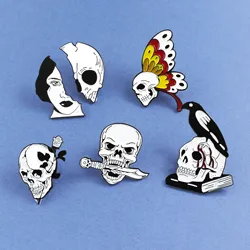 Black White Skull skeleton brooch Butterfly.Rose.Knife.Crow Book Skull Love and Death Pins Skull Lapel pin Badges Skull Jewelry