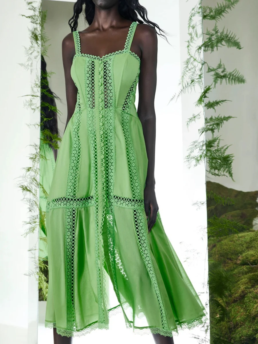 VGH Abito medio solido moda casual per donna Colletto quadrato senza maniche Vita alta Patchwork Scava fuori Abiti trasparenti Donna