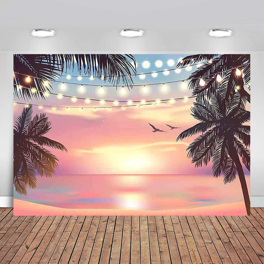 

Pink Sunset Hawaiian Beach Backdrop Summer Tropical Seaside Photography Background Aloha Luau Party Supplies Wedding Birthday