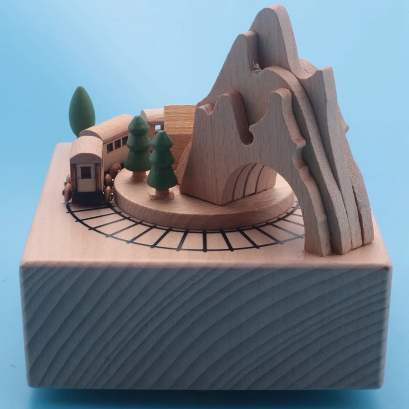 Wooden Musical Box Featuring Mountain Tunnel With Small Moving Magnetic Train Plays